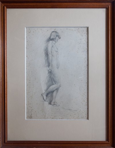 Nudo, vista di profilo a figura intera, piede destro sollevato da William Strang